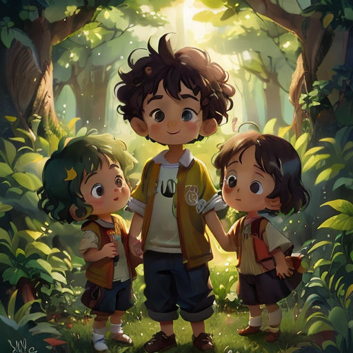 a couple of kids standing next to each other in a forest with trees and plants behind them, with a light shining on them