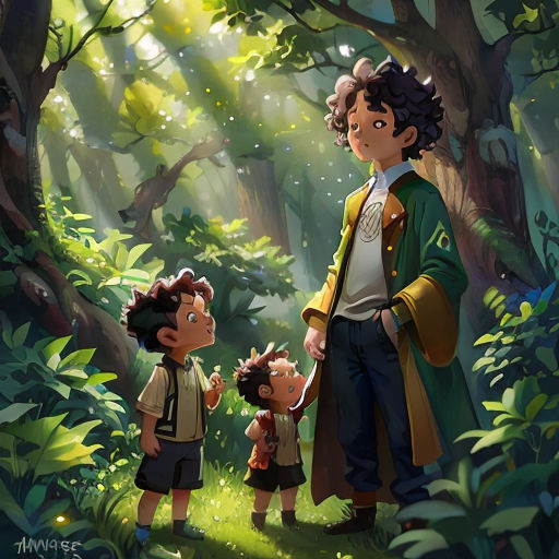 a man and two children standing in the woods with trees in the background and sunlight shining through the trees