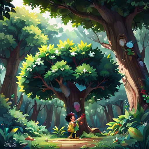 a painting of a boy and girl in the woods with a tree in the background and a forest with a lot of trees