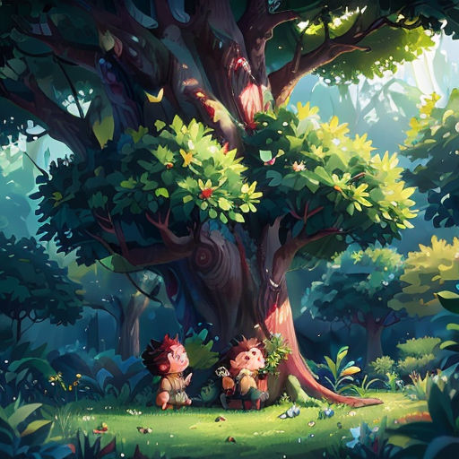 a couple of animals that are in the grass near a tree and a tree trunk with leaves on it