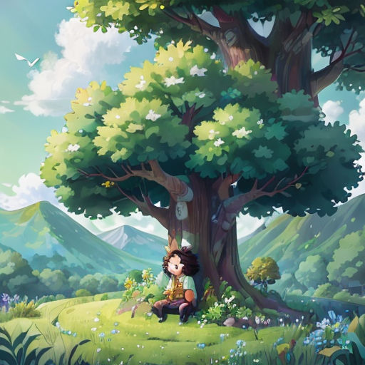 a girl sitting under a tree in a field with mountains in the background and a bird flying overhead in the sky