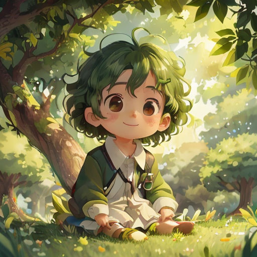 a girl sitting in the grass under a tree with a backpack on her lap and a backpack on her shoulder