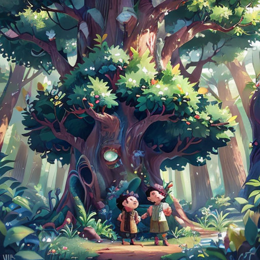 a couple of people standing in front of a tree in a forest with lots of leaves and a light bulb