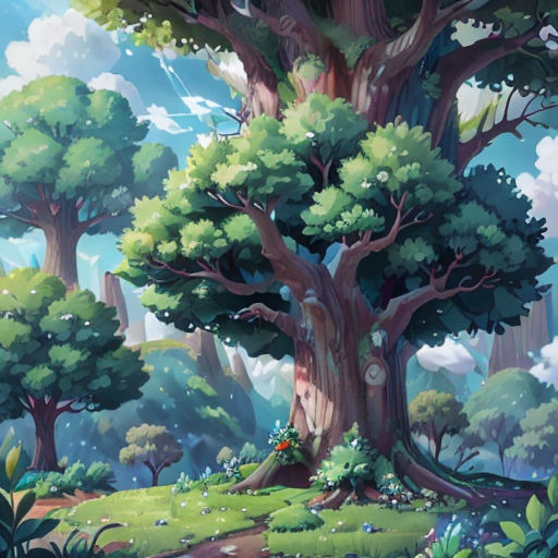 a painting of a tree in a forest with a path leading to it and a sky background with clouds