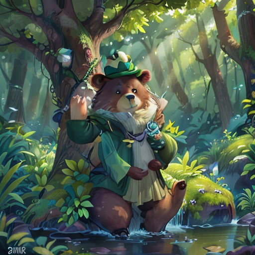 a bear in a forest with a green hat and a green jacket on, holding a green bag and a stream