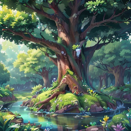 a painting of a tree in a forest with a stream running through it and a bird perched on the tree