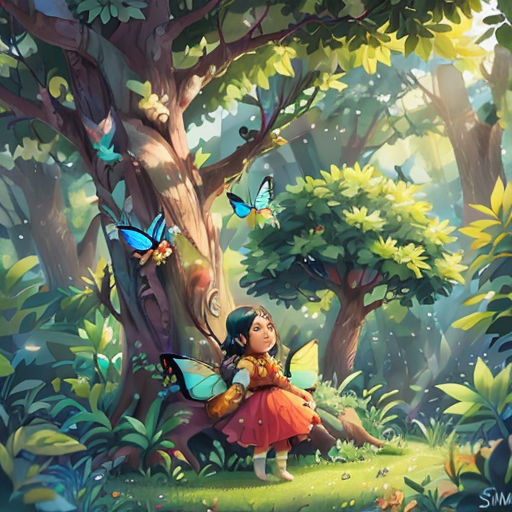 a girl sitting on a tree in the forest with butterflies flying around her and a butterfly in her hand