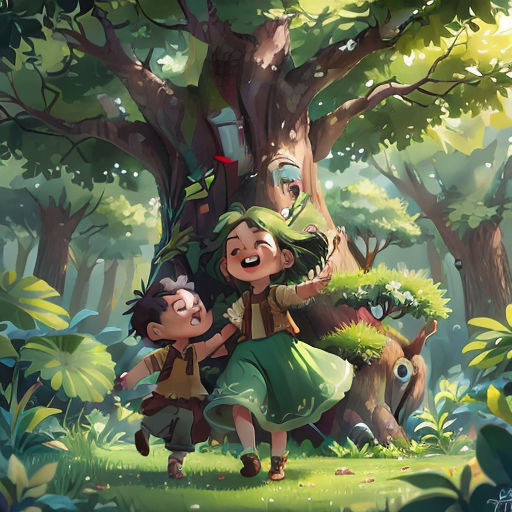 a couple of people standing in front of a tree in a forest with a forest background and a forest scene
