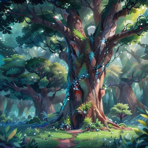 a painting of a tree in the middle of a forest with lots of trees and plants on it's sides