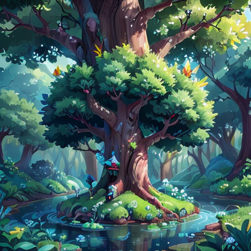 a cartoon forest with a river and a big tree in the middle of it, with a lot of leaves