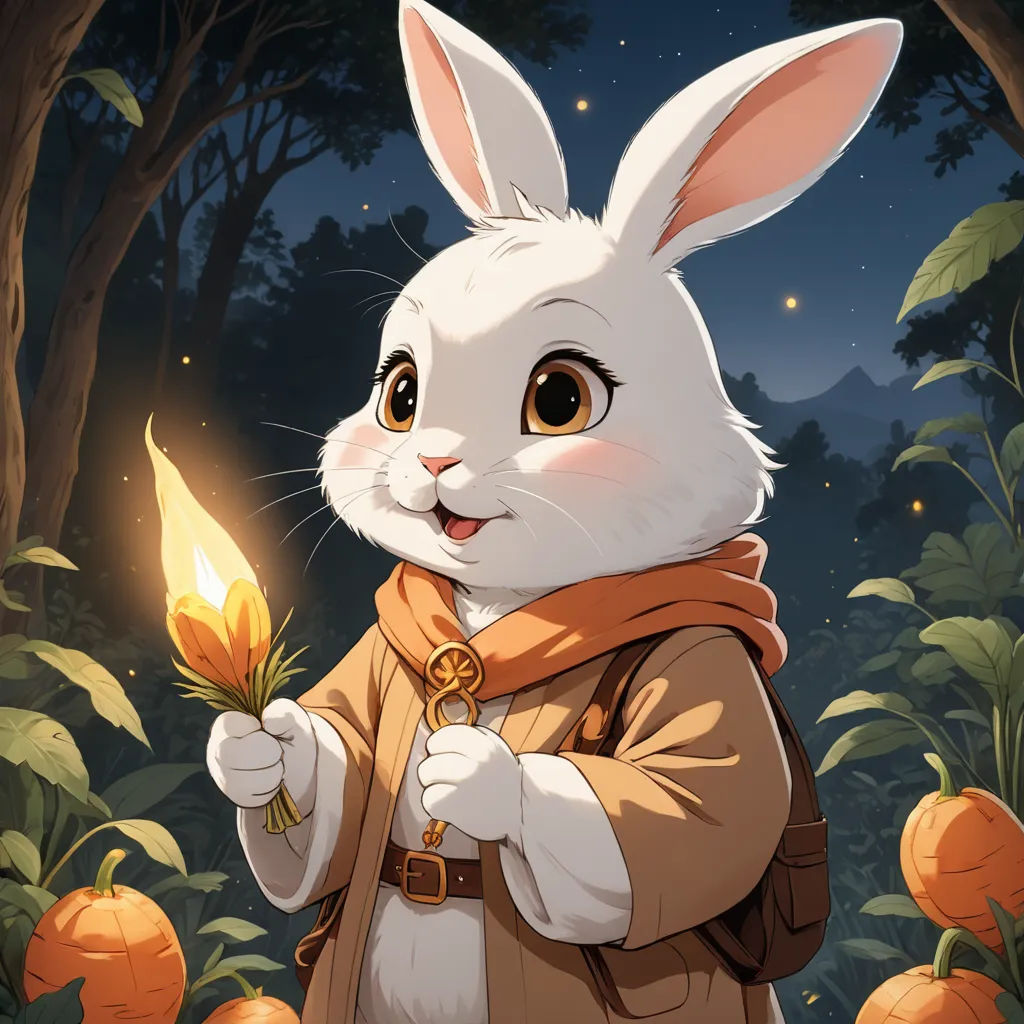 a white rabbit holding a candle in a forest at night with pumpkins around it and a forest background, furry art, a character portrait, Beatrix Potter, official art