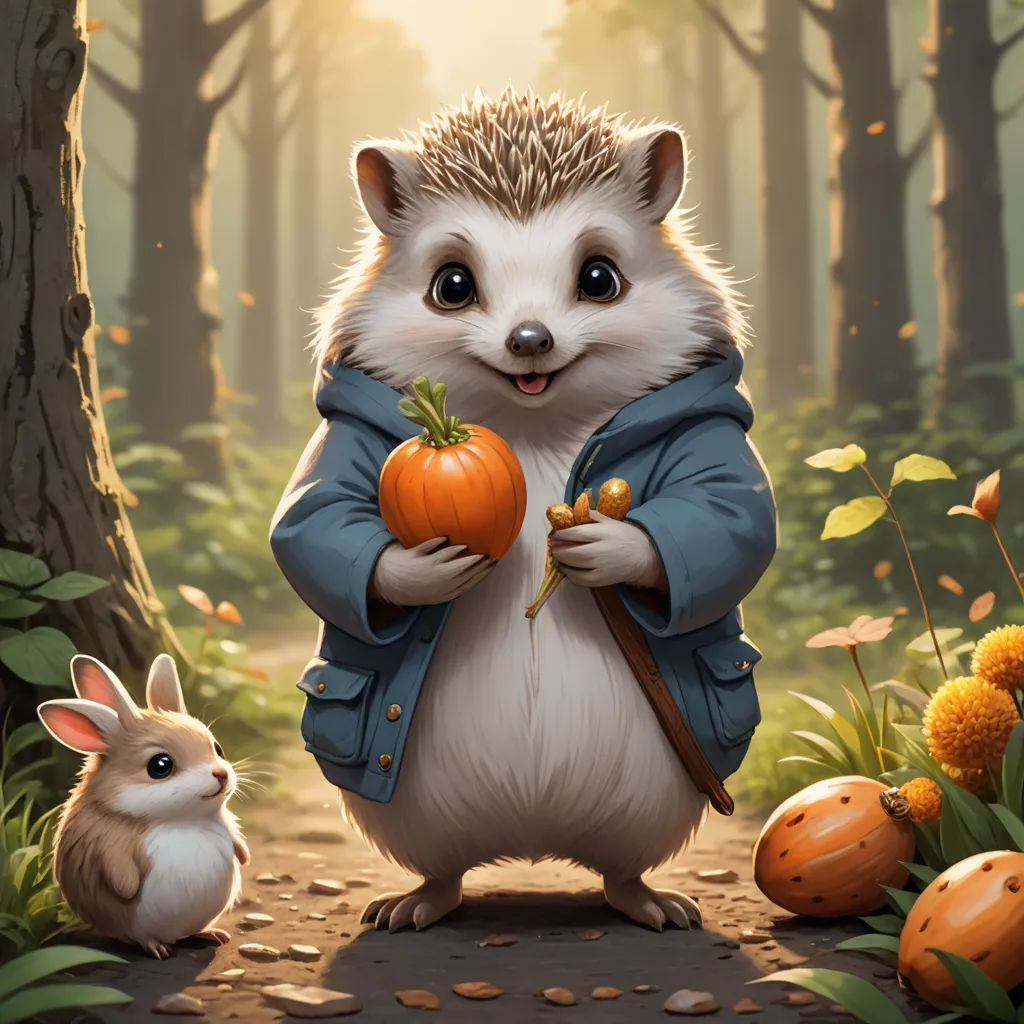 a hedgehog holding a pumpkin and a bunny in a forest with pumpkins and leaves on the ground, fantasy art, a digital painting, Chris LaBrooy, trending on art station