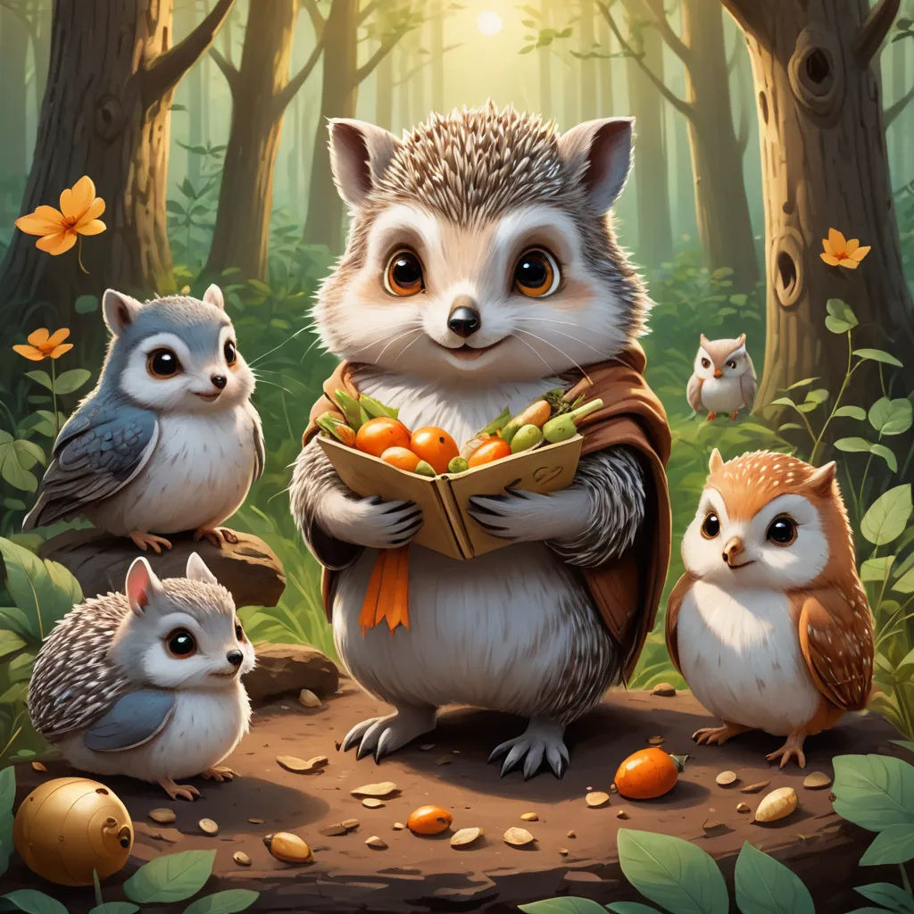 a painting of a raccoon holding a basket of fruit surrounded by other animals in a forest with leaves, fantasy art, a storybook illustration, Chris LaBrooy, official art