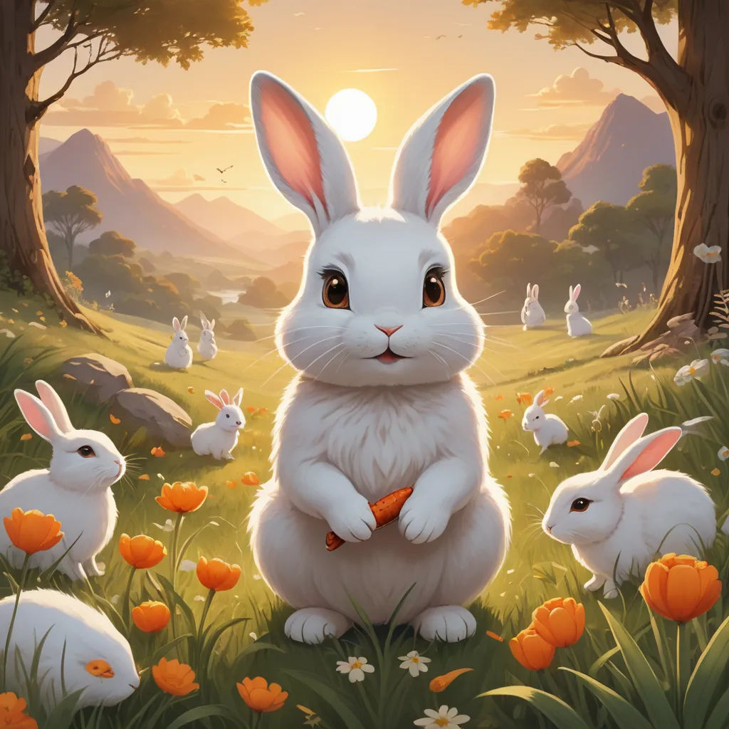 a painting of a rabbit sitting in a field of flowers with other rabbits in the background and a setting sun, furry art, a detailed painting, Chris LaBrooy, rossdraws global illumination