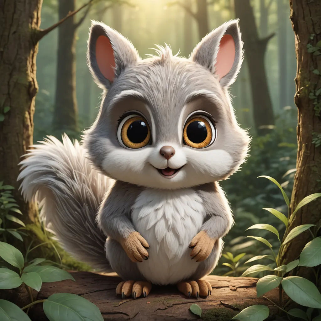 a cartoon squirrel sitting on a log in a forest with leaves and trees around it, with a bright light shining on the ground, sots art, a character portrait, Chris LaBrooy, unreal engine 5 quality render