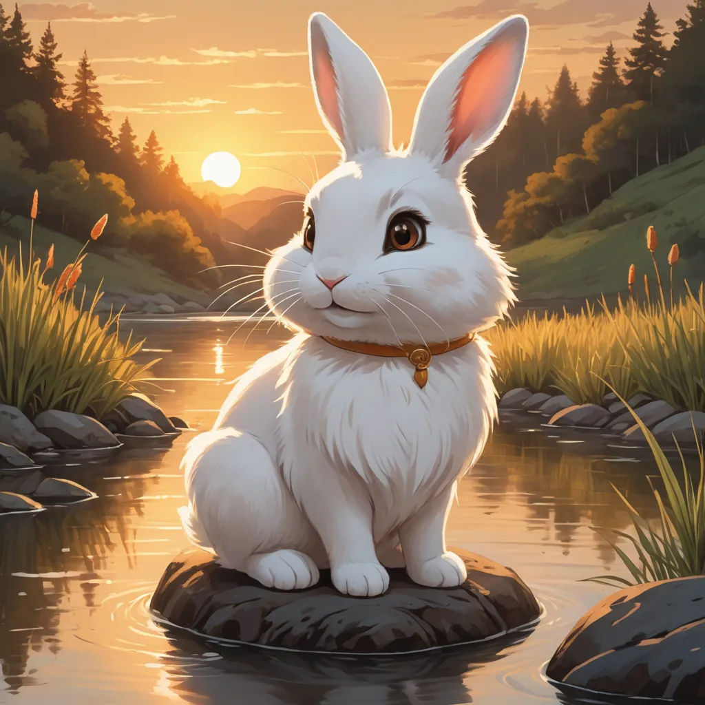 a white rabbit sitting on a rock in a river at sunset with a forest in the background and a sunset behind it, fantasy art, a storybook illustration, Aaron Jasinski, rossdraws global illumination