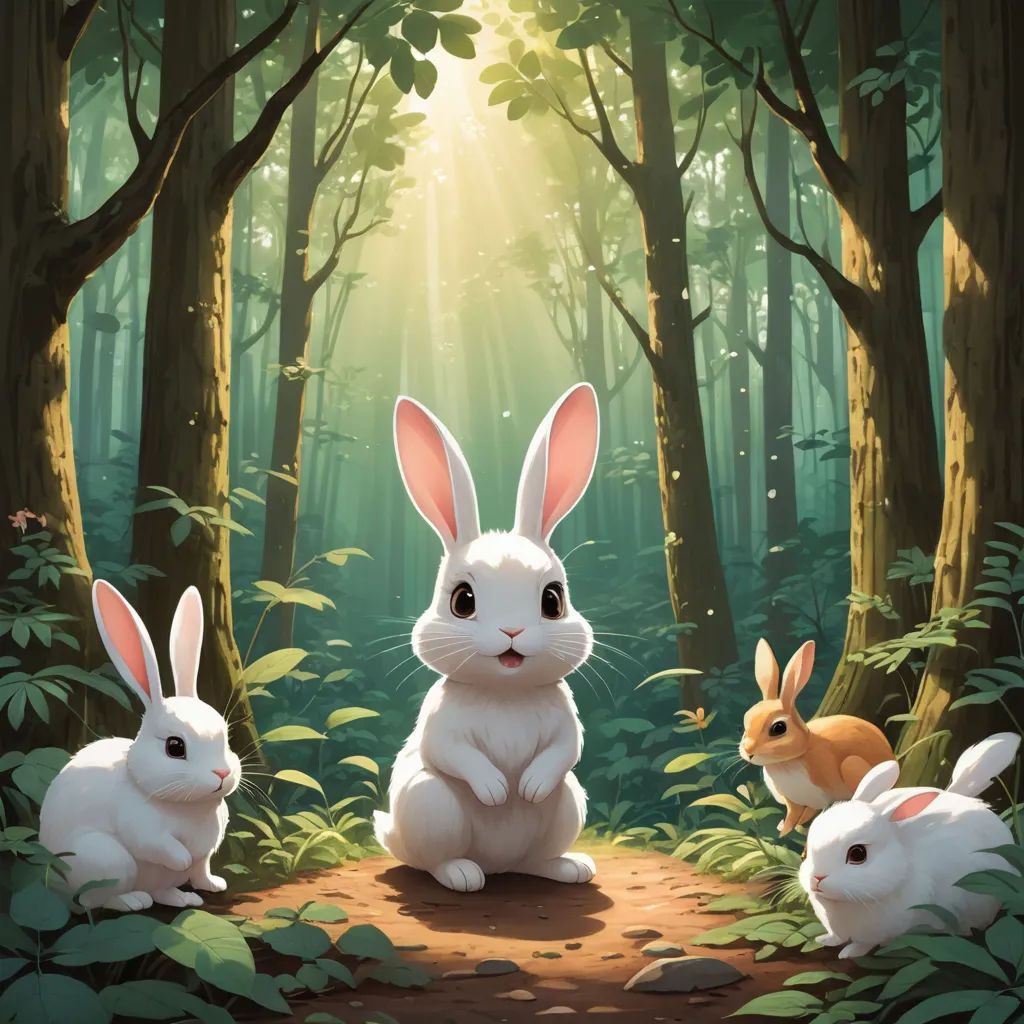 a group of rabbits sitting in the middle of a forest with sunlight shining through the trees and leaves on the ground, furry art, a storybook illustration, Chris LaBrooy, rossdraws global illumination