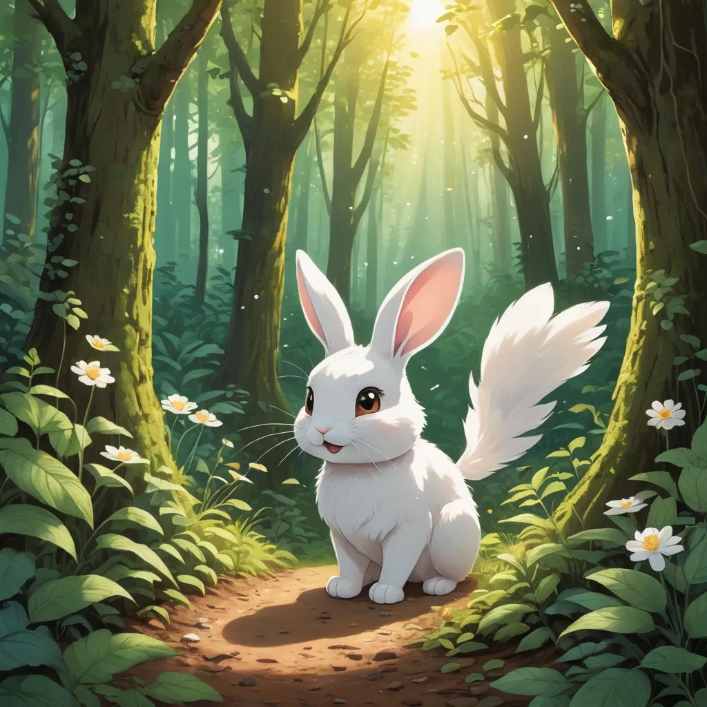a white rabbit sitting in the middle of a forest with daisies around it and a sunbeam in the background, altermodern, a storybook illustration, Alice Prin, rossdraws global illumination