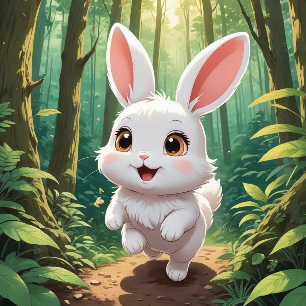 a white rabbit running through a forest with trees and leaves on the ground and a sunbeam in the background, furry art, a digital painting, Chen Hong, rossdraws global illumination
