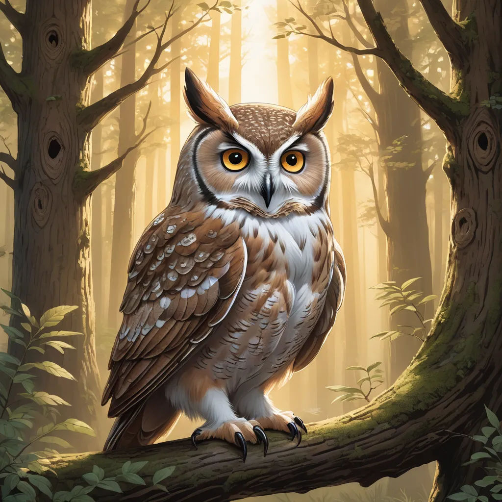 a painting of an owl sitting on a branch in a forest with trees and sunlight shining through the trees, fantasy art, a digital painting, Dan Mumford, magic the gathering artwork
