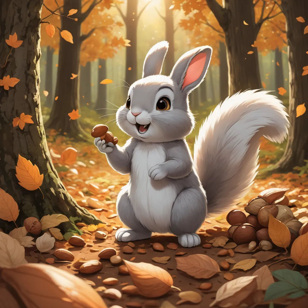 a cartoon bunny is eating a piece of food in the woods with leaves on the ground and a tree in the background, altermodern, an ultrafine detailed painting, Chris LaBrooy, rossdraws global illumination
