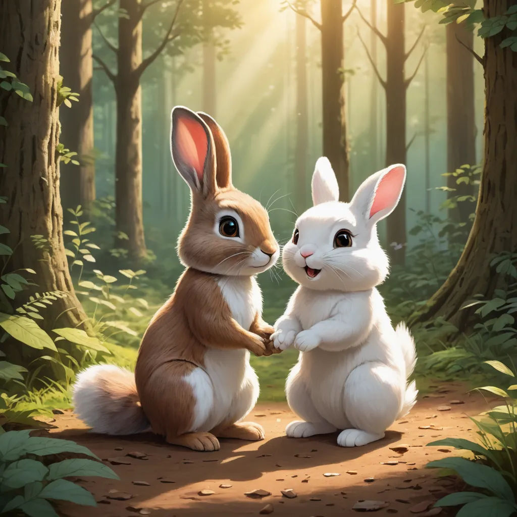 a couple of rabbits sitting on top of a forest floor next to each other on a forest floor with sunlight shining through the trees, furry art, a storybook illustration, Chris LaBrooy, rossdraws global illumination