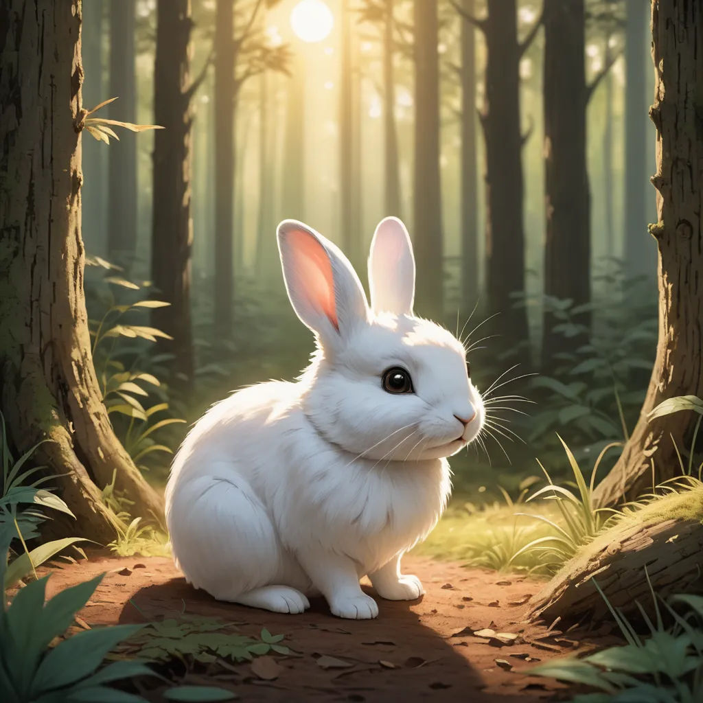 a white rabbit sitting in the middle of a forest with trees and grass around it, with the sun shining through the trees, furry art, a digital painting, Chris LaBrooy, rossdraws global illumination