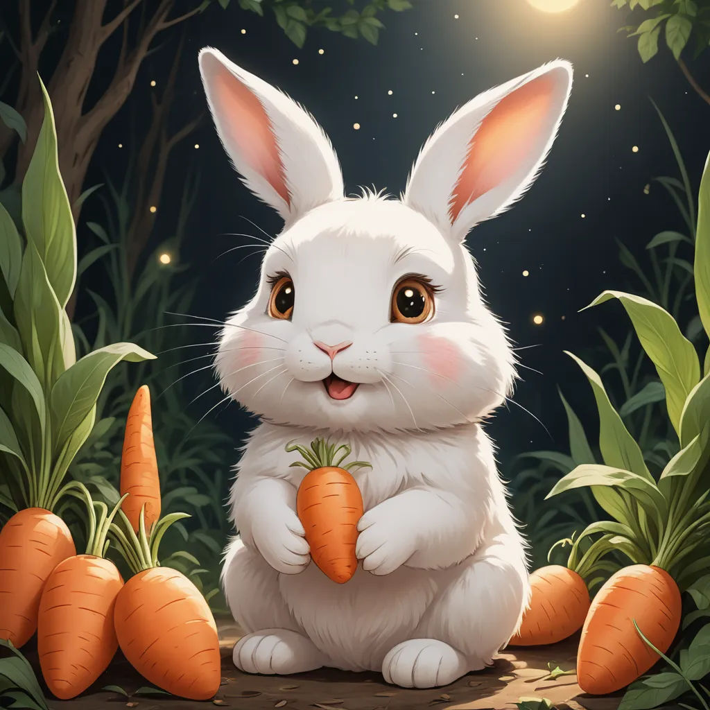 a white rabbit holding a carrot in a forest at night with stars and a full moon in the background, furry art, a detailed painting, Beatrix Potter, cute and funny