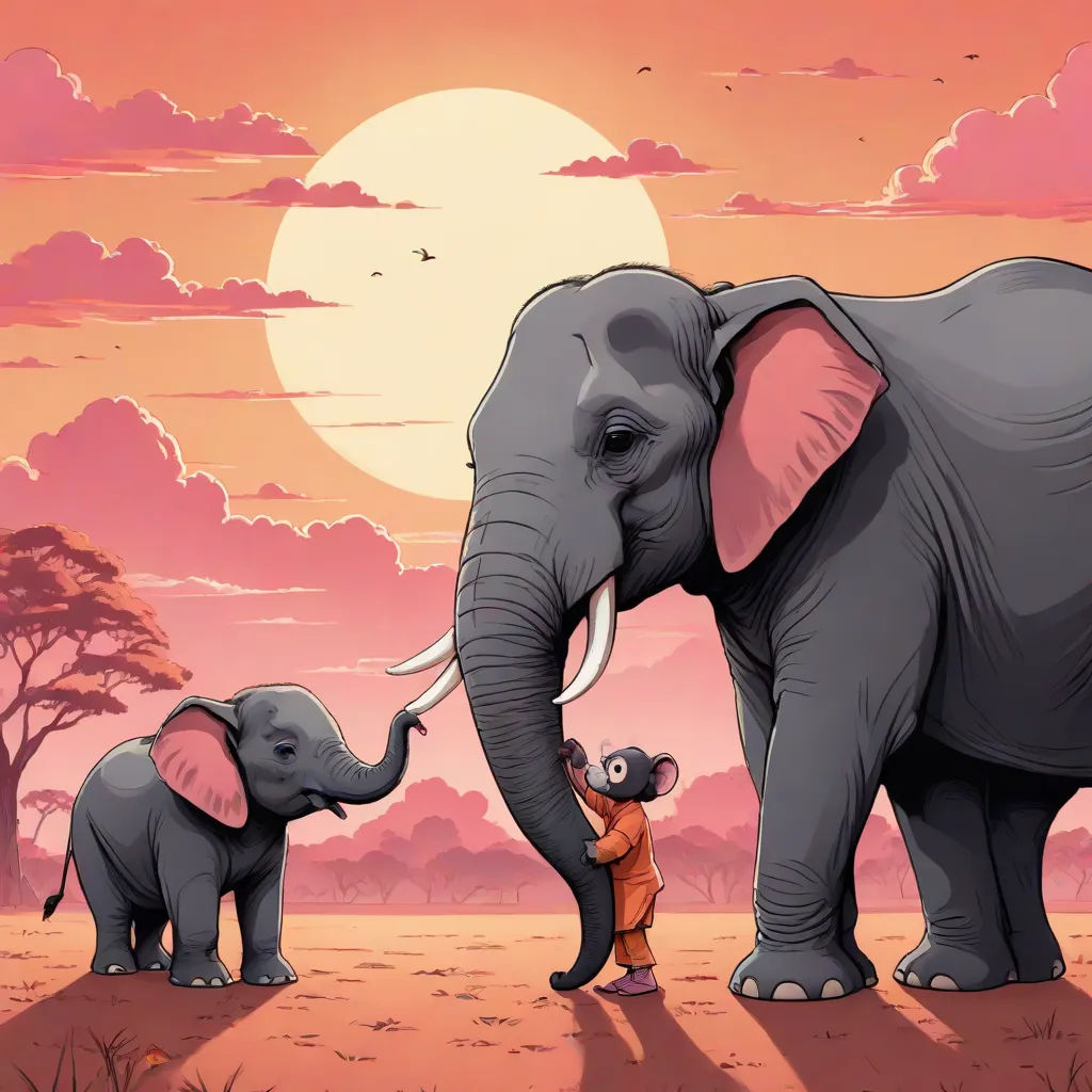 a couple of elephants standing next to each other on a field of grass and trees with a sunset in the background, naturalism, a storybook illustration, Cyril Rolando, storybook illustration