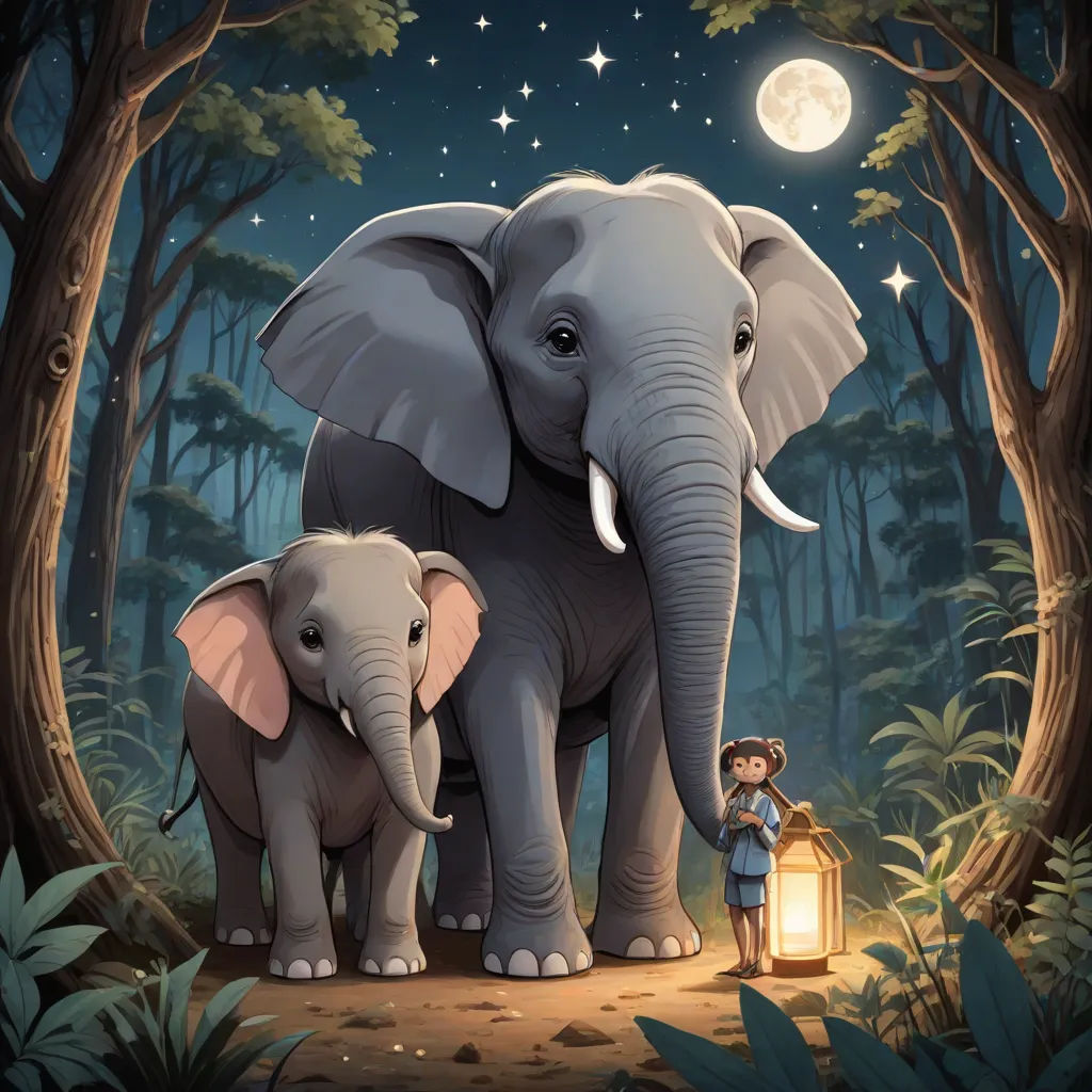 a man standing next to an elephant in a forest at night with a lantern in his hand and a full moon in the sky, magical realism, a storybook illustration, Chris LaBrooy, storybook illustration