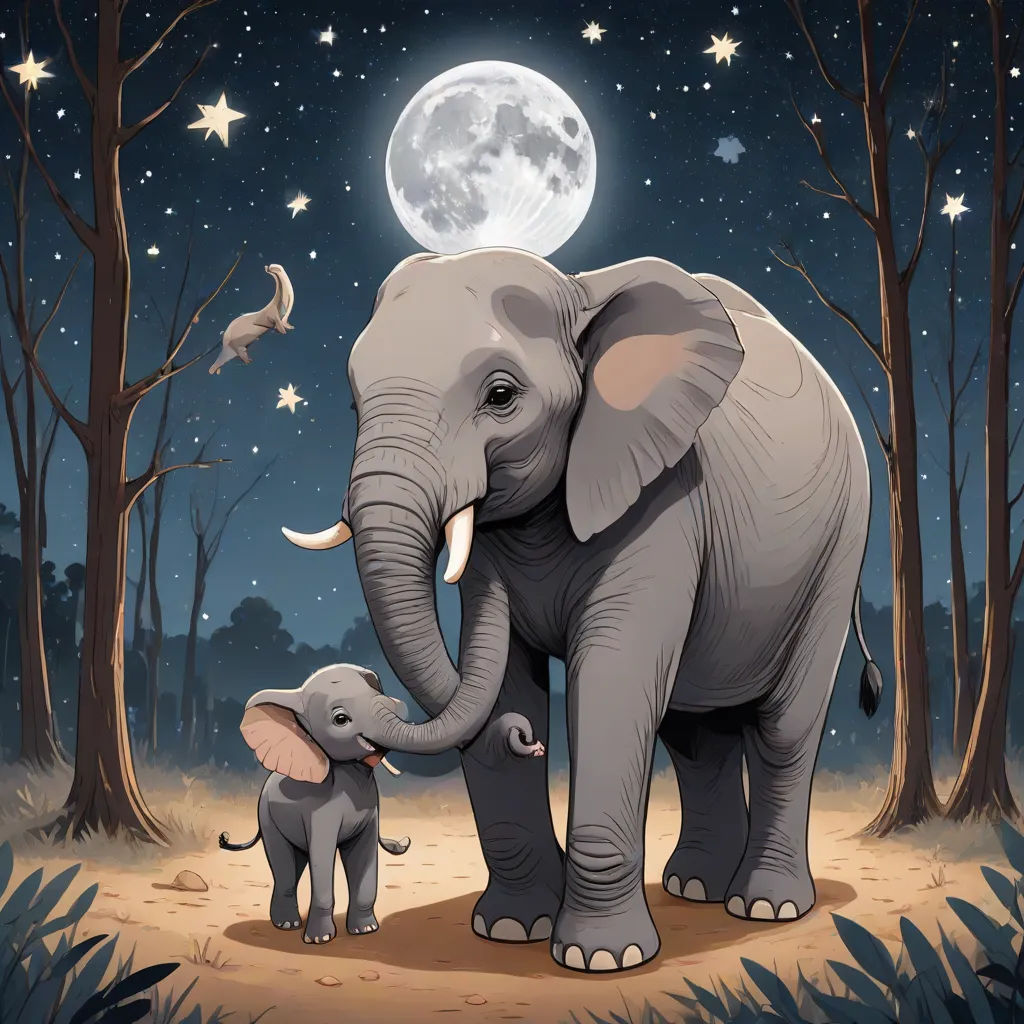 a baby elephant standing next to an adult elephant in a forest at night with the moon in the sky, pop surrealism, a storybook illustration, Chris LaBrooy, storybook illustration