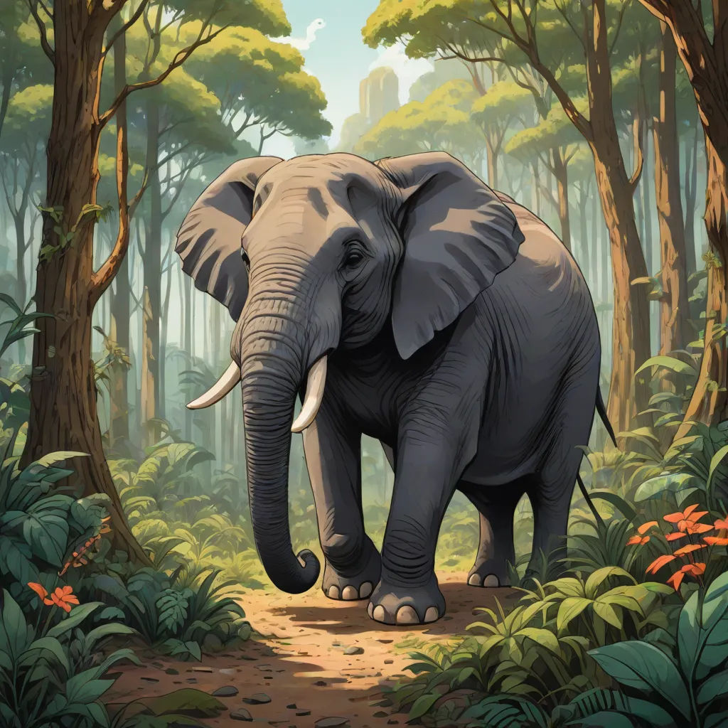 an elephant walking through a lush green forest filled with trees and flowers, with a path leading to it, sumatraism, a storybook illustration, Chris LaBrooy, highly detailed digital painting
