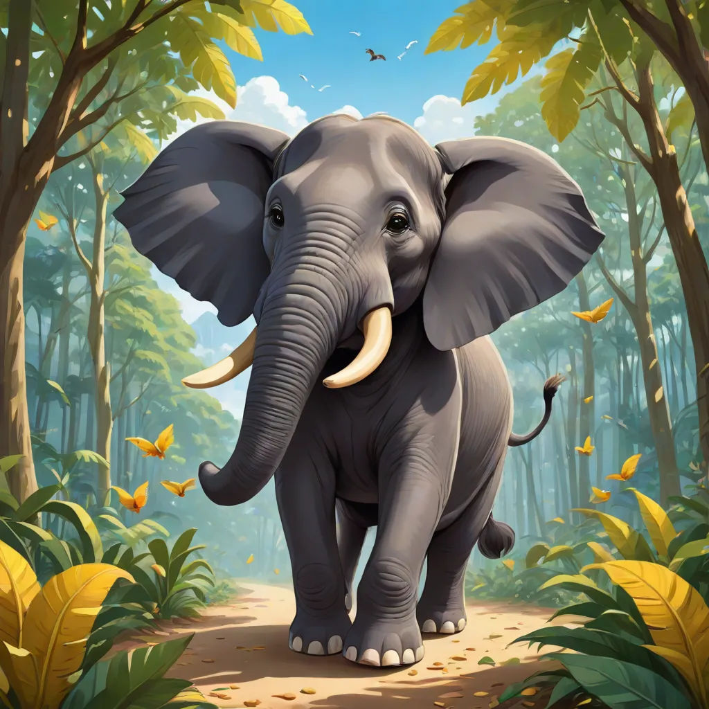 a cartoon elephant walking through a forest with butterflies flying around it's feet and trunk, with a path leading to the elephant, sumatraism, a digital painting, Chris LaBrooy, highly detailed digital painting