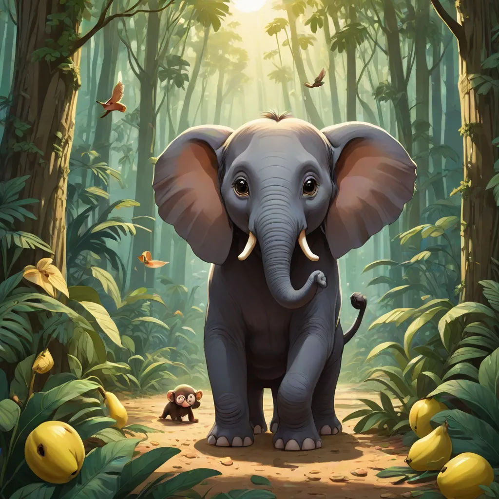 a baby elephant standing in the middle of a forest with a monkey on the other side of the forest, sumatraism, a digital painting, Chris LaBrooy, highly detailed digital painting