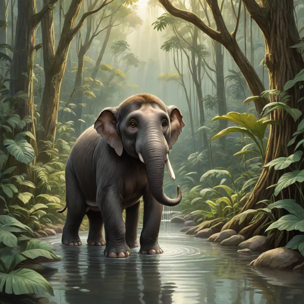 an elephant is standing in a stream of water in a jungle setting with trees and plants around it and a sunbeam, sumatraism, a detailed matte painting, Chris LaBrooy, highly detailed digital painting