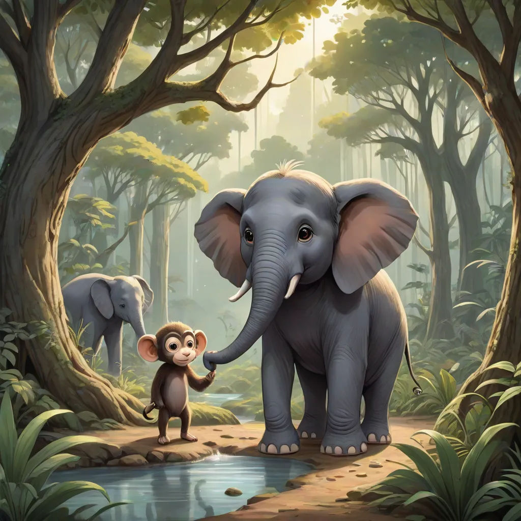 a painting of a baby elephant and an elephant standing in a forest with a monkey in front of them, sumatraism, a storybook illustration, Chris LaBrooy, highly detailed digital painting
