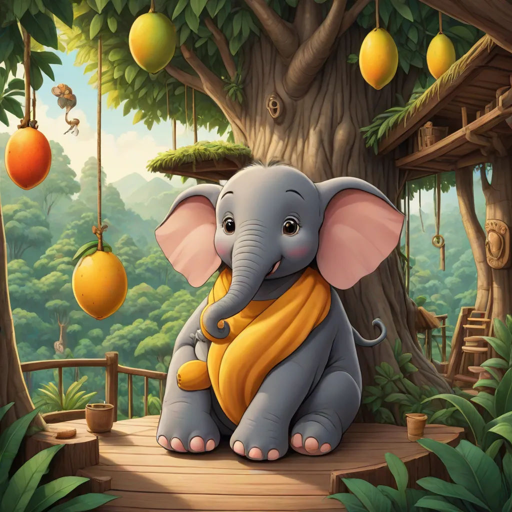 a small elephant sitting on a wooden platform under a tree with fruit hanging from it's branches and a monkey hanging from a tree, fantasy art, a storybook illustration, Chris LaBrooy, highly detailed digital painting