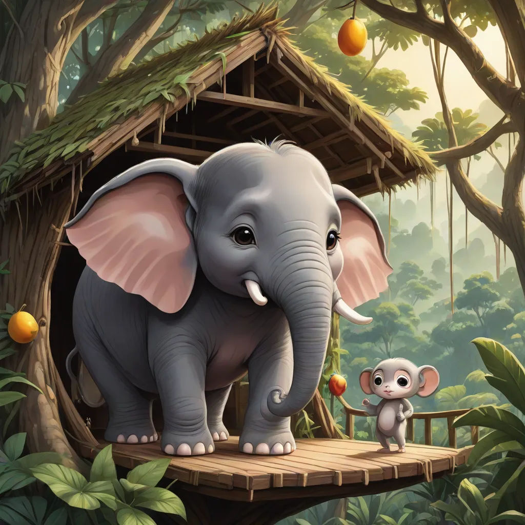 a baby elephant standing on a platform next to an adult elephant in a jungle setting with oranges and trees, fantasy art, a storybook illustration, Chris LaBrooy, highly detailed digital painting