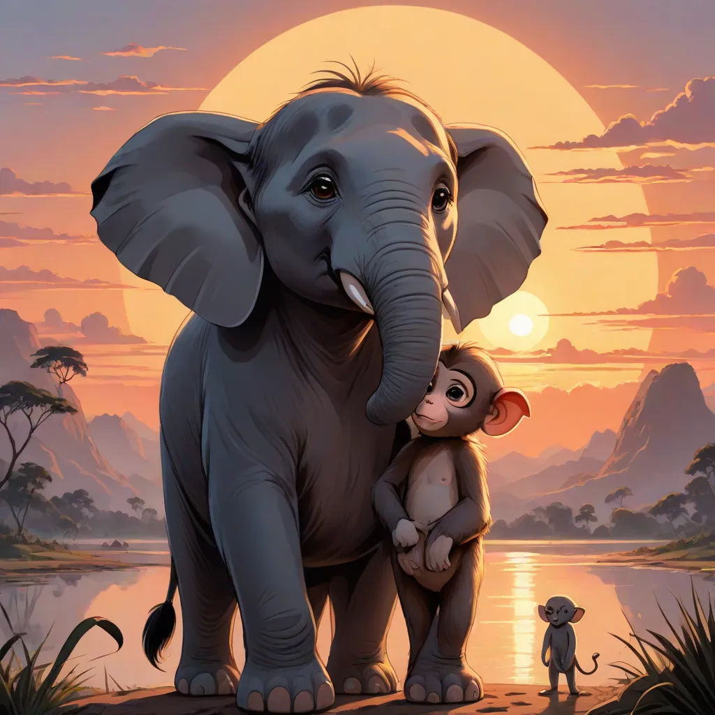 a baby monkey is hugging an elephant's trunk in front of a sunset with a large elephant and a small elephant, fantasy art, a storybook illustration, Chris LaBrooy, highly detailed digital painting