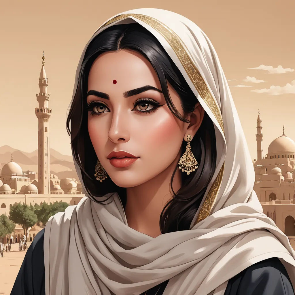a woman with a headscarf and a scarf on her head is looking at the camera with a city in the background, fantasy art, a detailed painting, Charlie Bowater, highly detailed digital painting