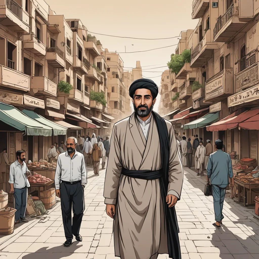 a man in a robe is walking down a street with other people in the background and a man in a white shirt is walking down the street, hurufiyya, a comic book panel, Asaf Hanuka, graphic novel