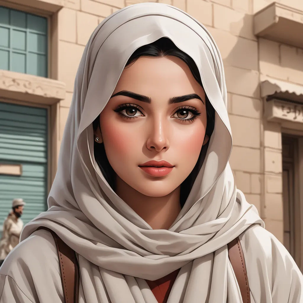 a woman with a white scarf on her head and a building in the background with a blue door and a blue door, digital art, a digital painting, Atey Ghailan, highly detailed digital painting
