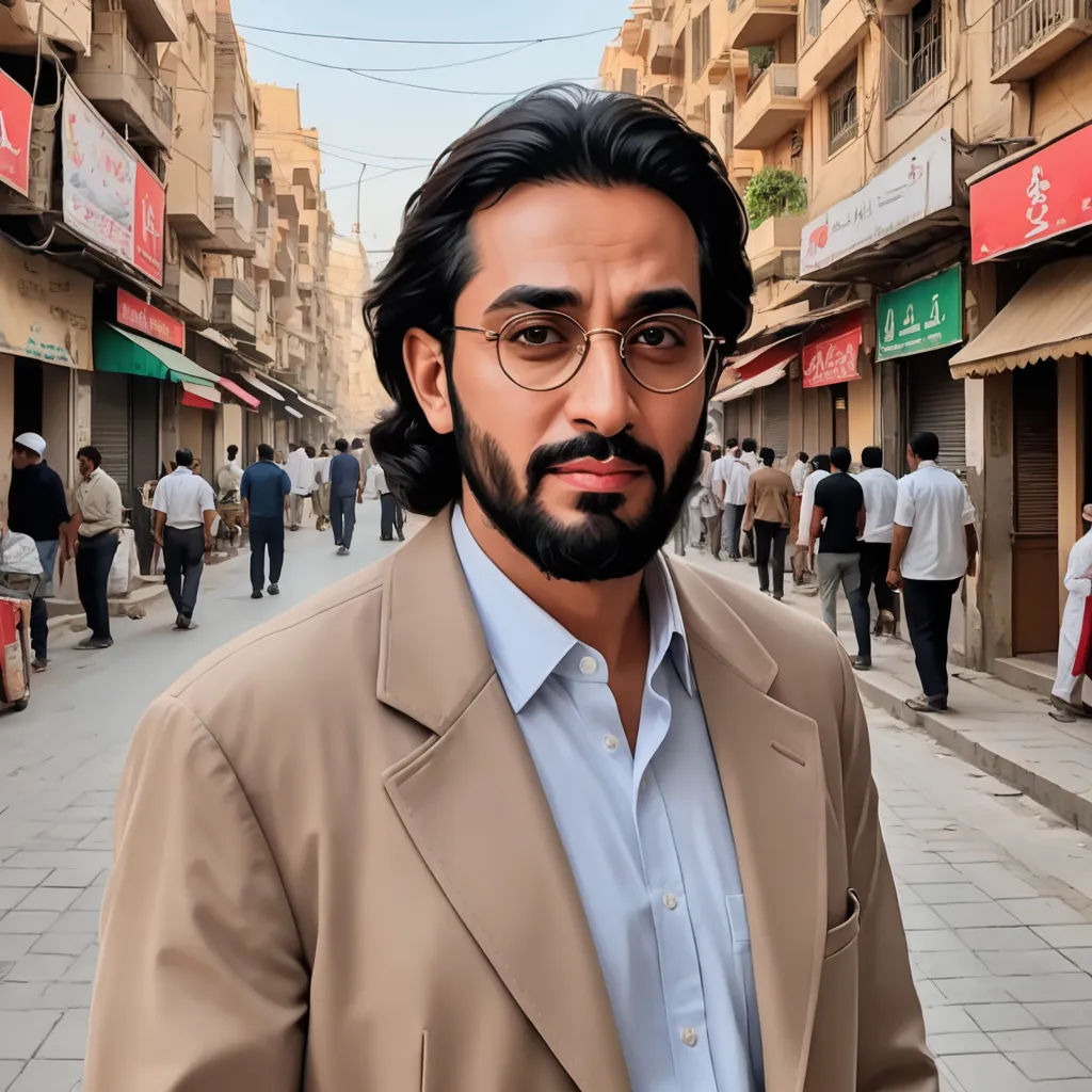 a man with a beard and glasses standing in a street in a city with people walking around him and buildings in the background, hurufiyya, a character portrait, Ahmed Karahisari, vfx