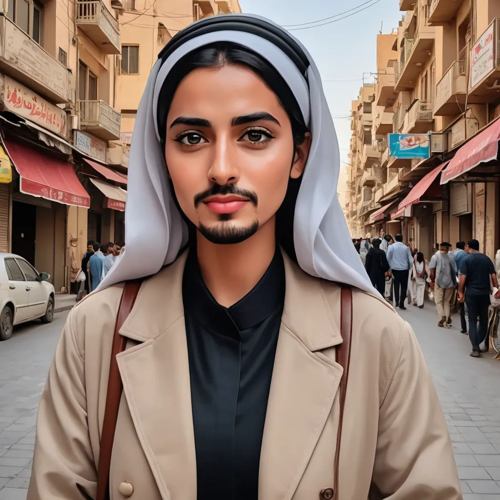 a man with a nun headdress on a street in a city with people walking around and a car parked on the side of the street, hurufiyya, a character portrait, Abdullah Gërguri, masculine