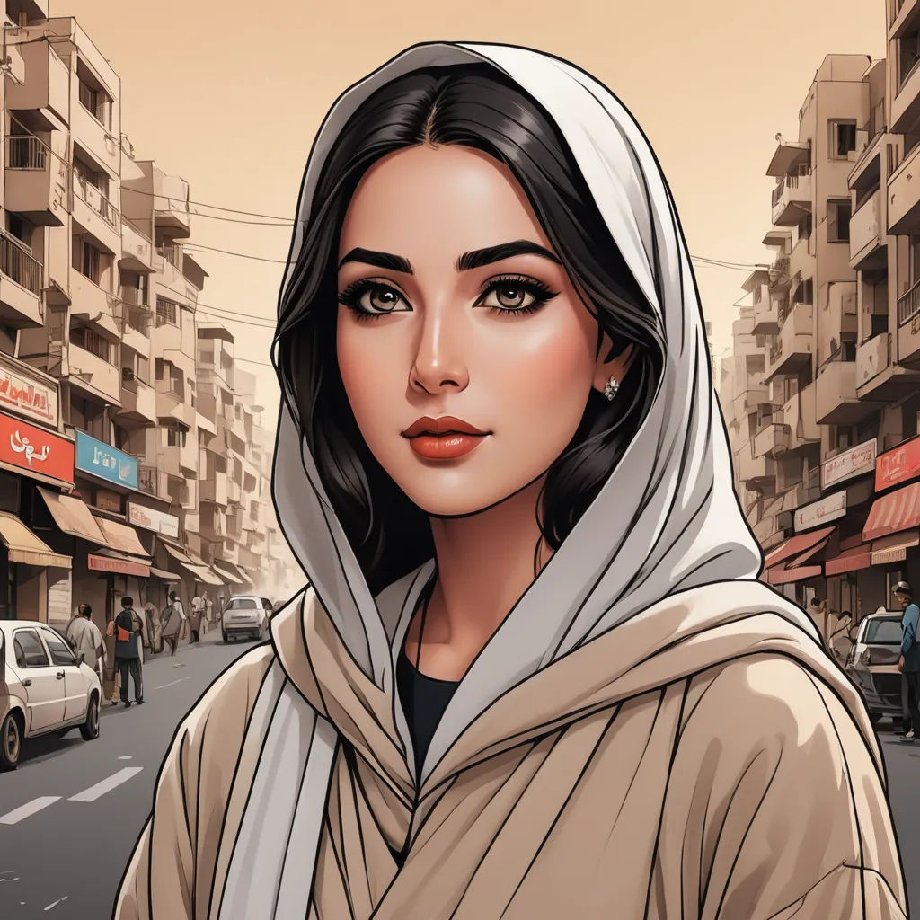 a woman in a hooded jacket is standing in the street with a car in the background and buildings in the background, serial art, a comic book panel, Amir Zand, comic cover art