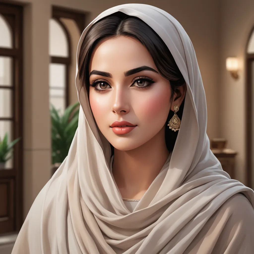 a woman wearing a white shawl and earrings in a living room with a potted plant in the background, photorealism, a photorealistic painting, Charlie Bowater, highly detailed digital painting