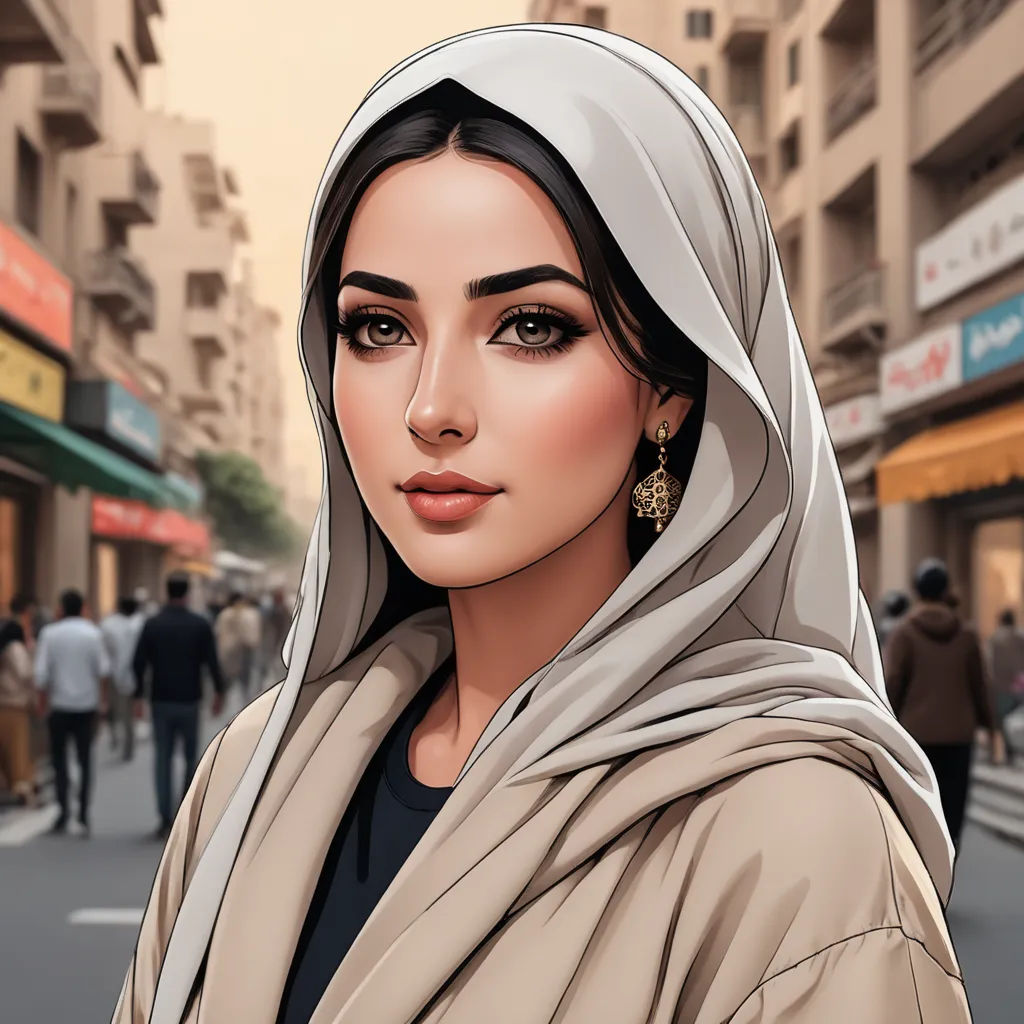 a woman in a headscarf is standing on a street corner with a city in the background and people walking on the sidewalk, serial art, egyptian art, Charlie Bowater, ultra realistic digital art