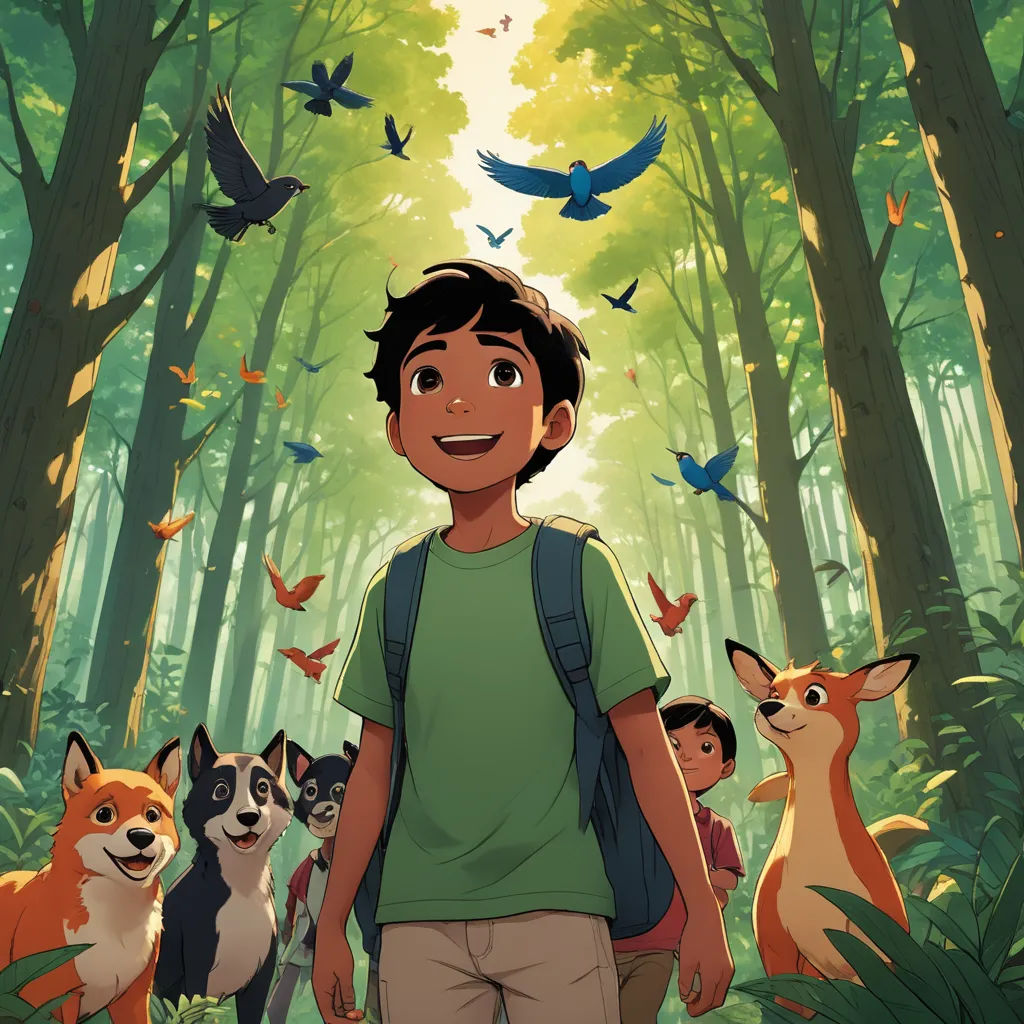 a boy standing in the woods with a bunch of animals around him and birds flying overhead in the background, furry art, poster art, Diego Gisbert Llorens, official art