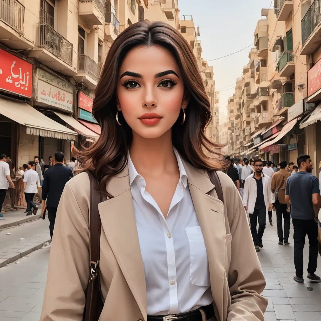 a woman in a tan jacket and white shirt is standing on a street with people walking by and buildings, aestheticism, egyptian art, Elina Karimova, neutral colors