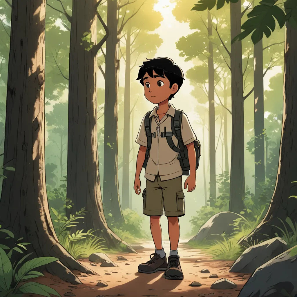 a boy standing in the middle of a forest with a backpack on his back and a backpack on his shoulder, serial art, a character portrait, Eddie Mendoza, ghibli